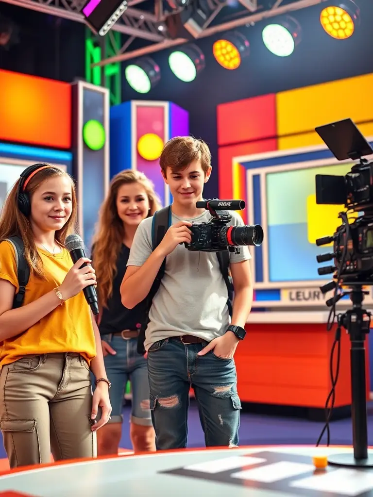 A promotional shot from "iCarly, " featuring Carly, Sam, and Freddie in the web show studio, with Carly holding a microphone and Sam and Freddie operating the cameras and tech equipment.