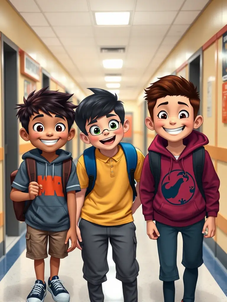 A promotional still from "Ned's Declassified School Survival Guide, " featuring the main cast (Ned, Moze, and Cookie) in a typical school hallway setting, looking directly at the camera with playful expressions.