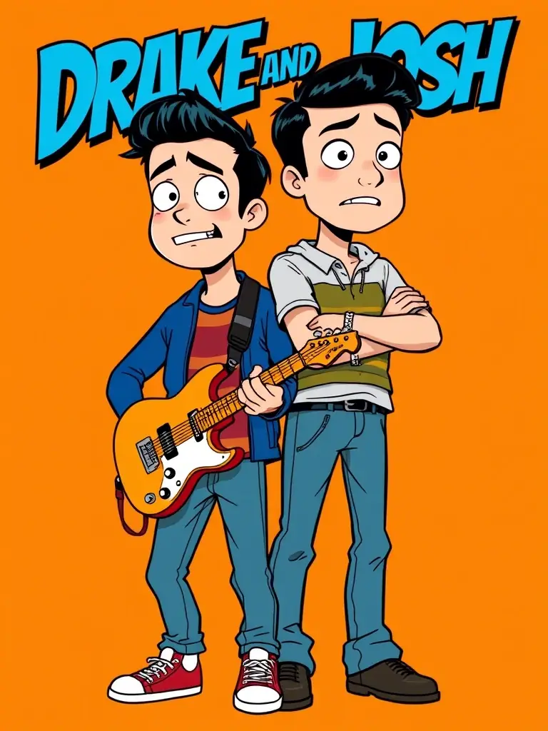 A promotional image from "Drake & Josh, " showing Drake and Josh side-by-side, with Drake holding a guitar and Josh looking comically exasperated, against a bright orange background.