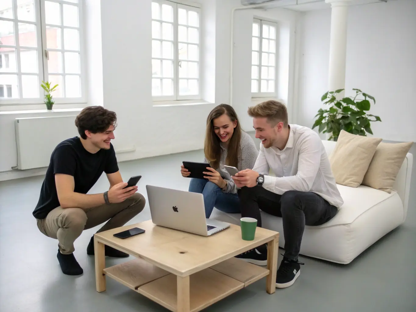 A group of young adults using modern technology like tablets and wireless headphones in the 2020s.