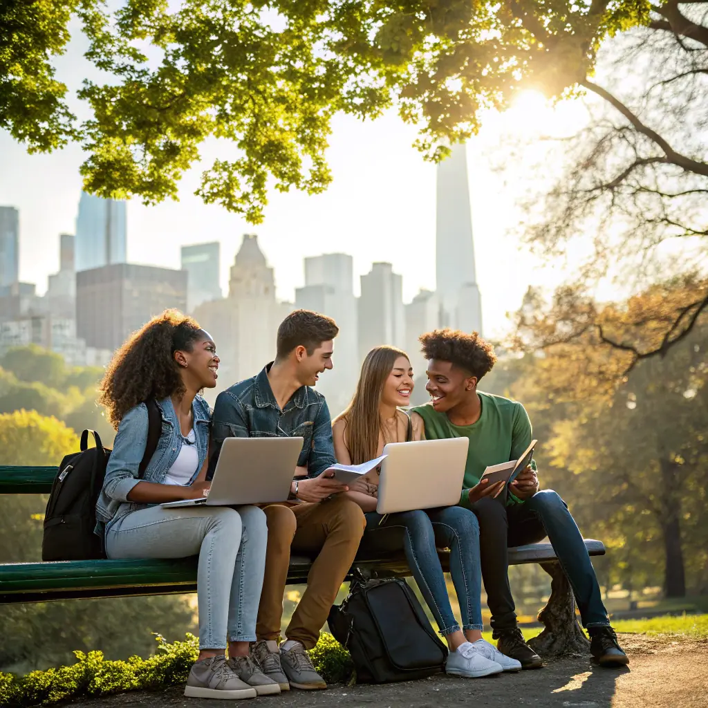 A group of teenagers wearing 2010s fashion, such as skinny jeans, graphic tees, and high-top sneakers, using smartphones and tablets.