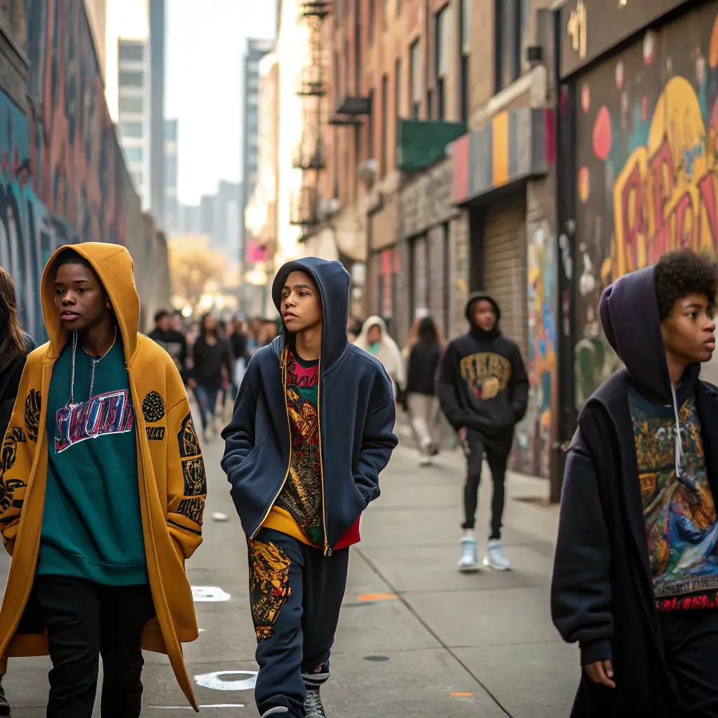 A group of teenagers wearing 90s fashion, such as flannel shirts, baggy jeans, and sneakers, standing in front of a brick wall with graffiti.