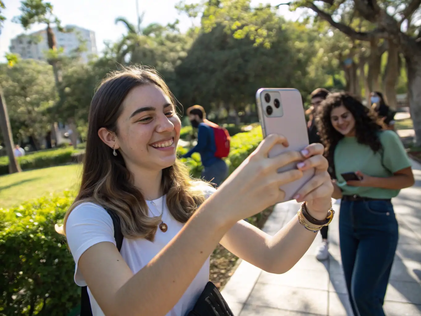 A group of young adults taking selfies with smartphones in the 2010s.