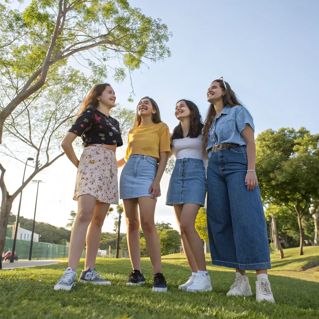 A group of young adults wearing early 2000s fashion, such as low-rise jeans, crop tops, and platform sandals, using flip phones and early digital cameras.